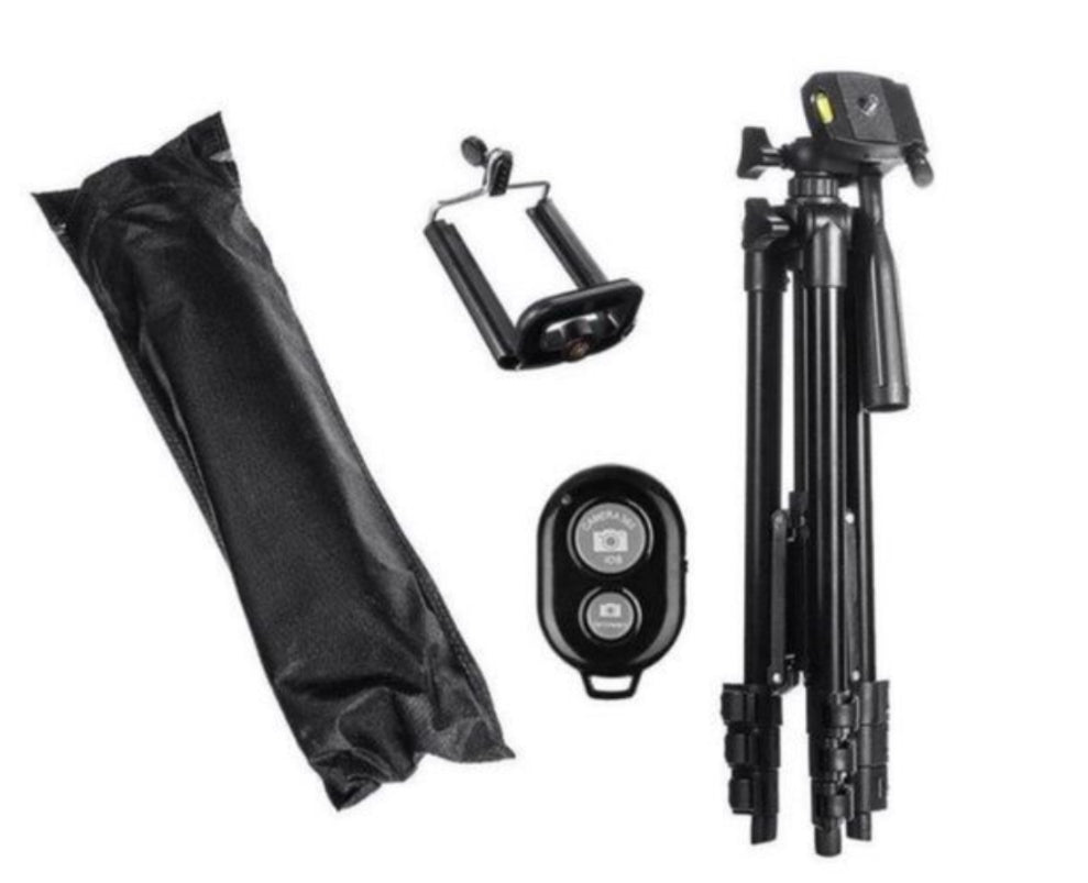 Trípode movil desplegable hasta 3 alturas (106 cm teléfono incluido ) con mando bluetooth y bolsa de viaje-Negro