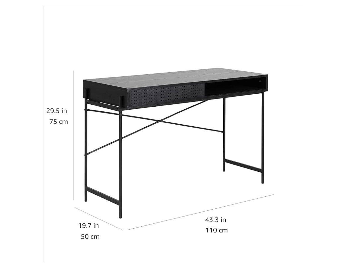 AC Design MESA Rectangular Escritorio con puerta deslizante y compartimento abierto, negro ceniza, 110 x 50 x 75 cm