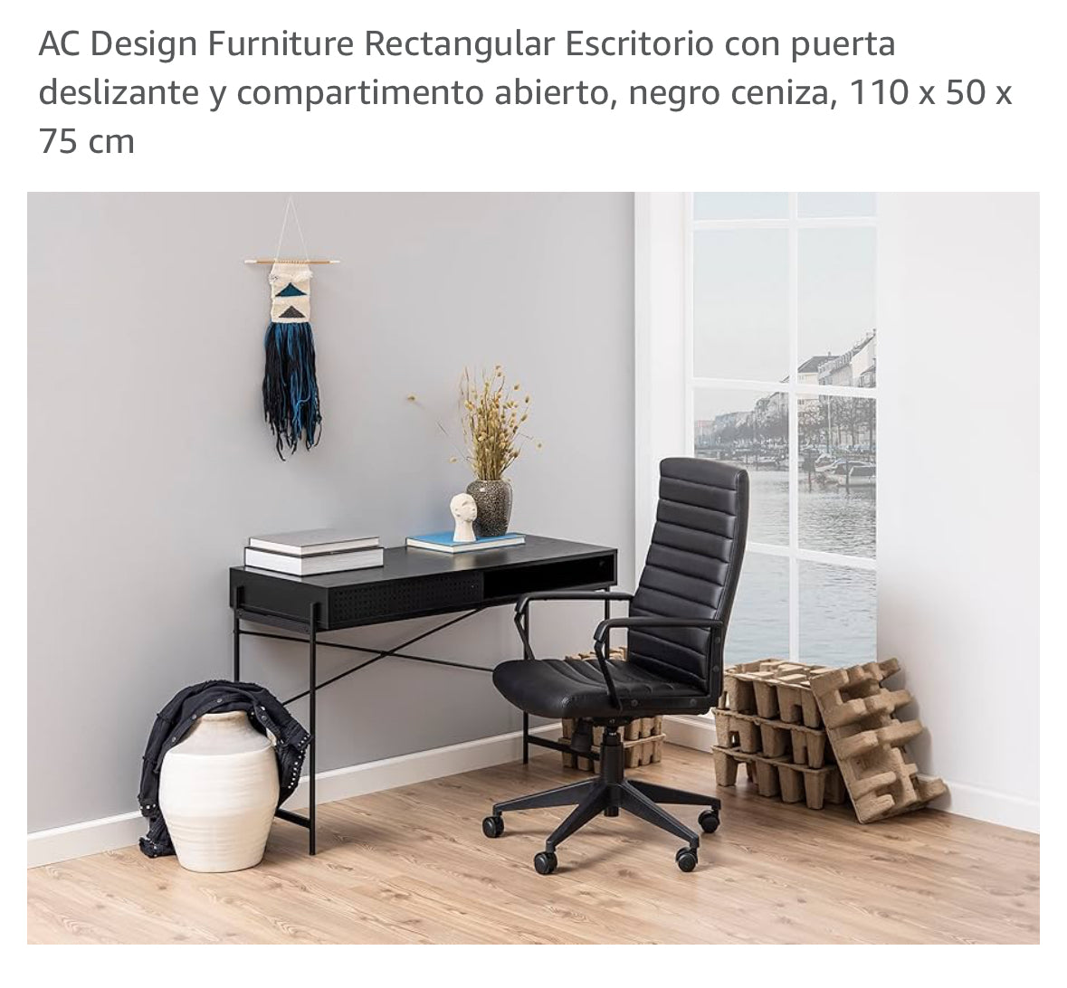 AC Design MESA Rectangular Escritorio con puerta deslizante y compartimento abierto, negro ceniza, 110 x 50 x 75 cm