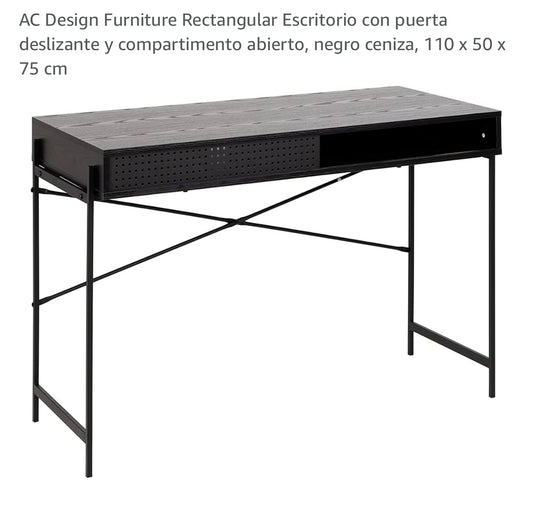 AC Design MESA Rectangular Escritorio con puerta deslizante y compartimento abierto, negro ceniza, 110 x 50 x 75 cm