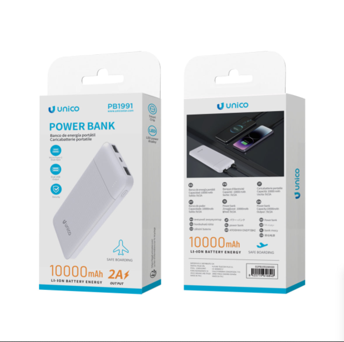 Power Bank 10000mAh con puerto 2 USB, Tipo-C y Micro USB carga rápida – Blanco