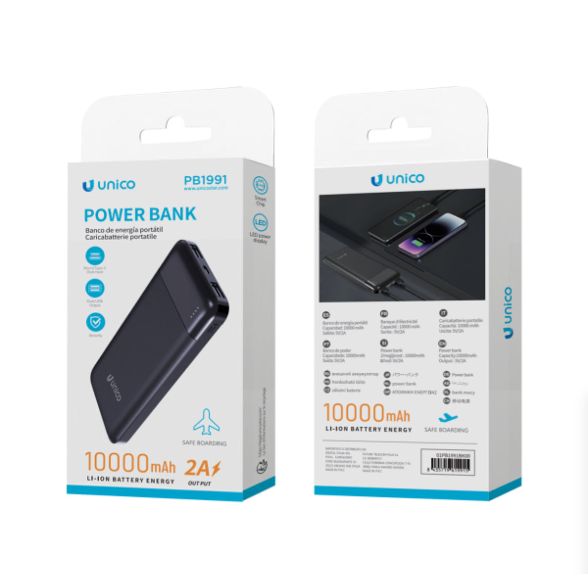 Power Bank 10000mAh con puerto 2 USB, Tipo-C y Micro USB carga rápida – Negro