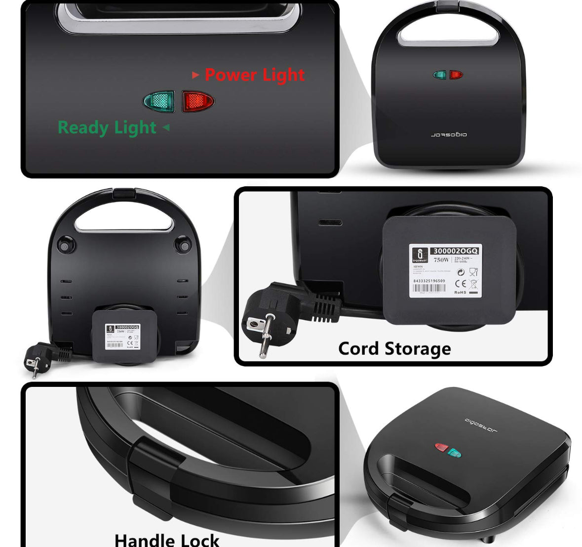 Aigostar ALAN - Sandwichera 750W : Sandwichera Eléctrica. 3 Placas Antiadherentes e Intercambiables. Indicador Luminoso,Termostato.