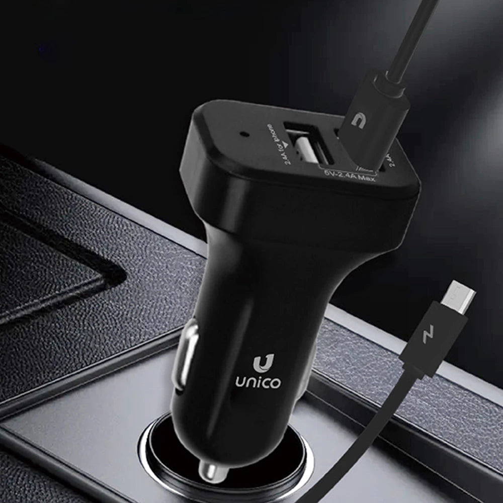 Cargador de coche Dual 2.4A con cable Micro USB - Negro