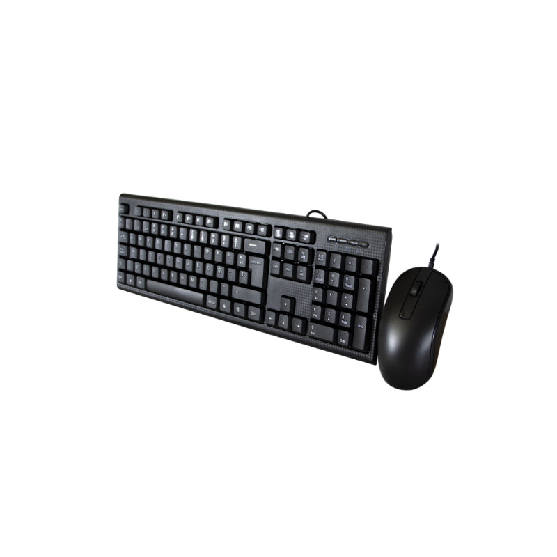 Kit de Teclado y ratón pc (Membrana, USB, cableado, diseño Fibra de Carbono) QWERTY Español, Color Negro