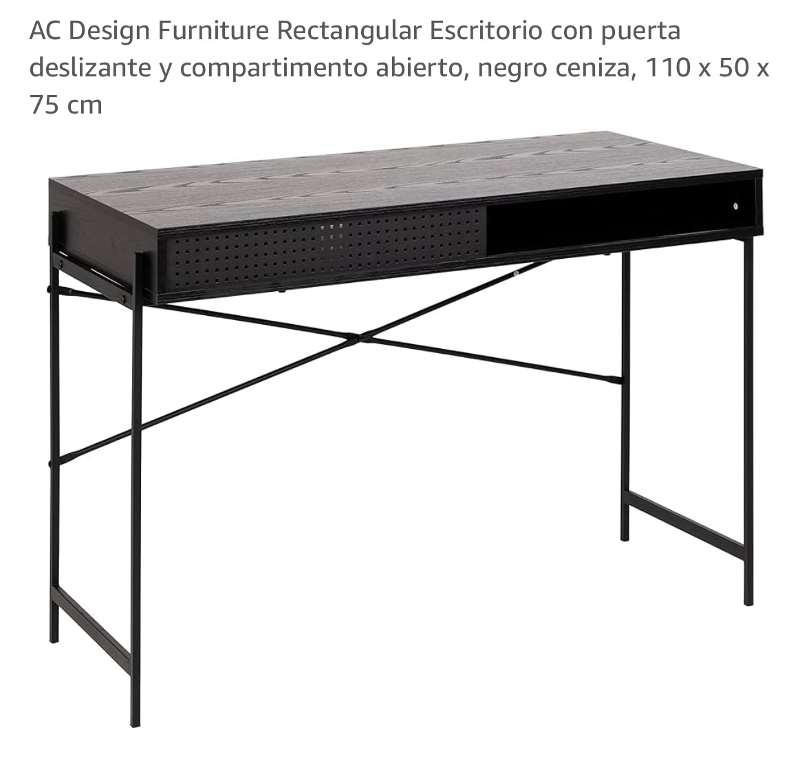 AC Design MESA Rectangular Escritorio con puerta deslizante y compartimento abierto, negro ceniza, 110 x 50 x 75 cm