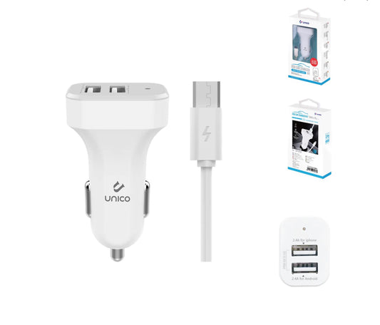 Cargador de coche Dual 2.4A con cable Micro USB - Blanco